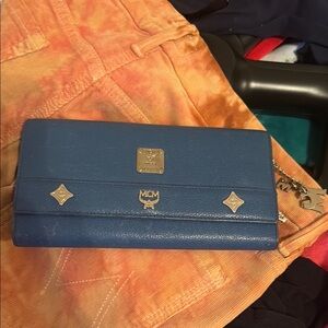 MCM Blue Leather Clutch with Silver Details